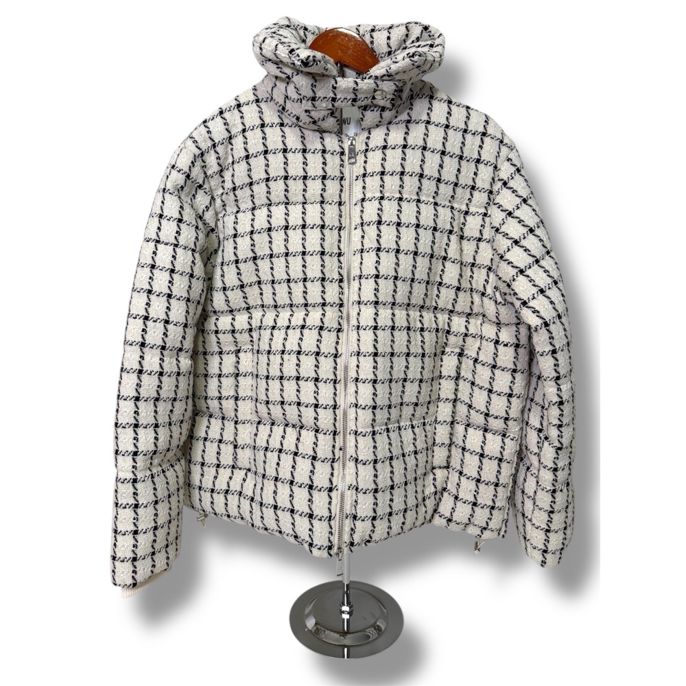 NEW Jason Wu Puffer Jacket Women's Large Ivory Tweed Check Winter Coat